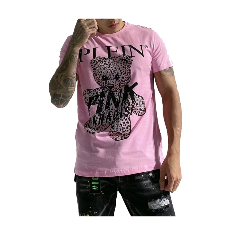

Tshirt men cartoon rhinestones teddy bear plein embroidey summer casual wear cotton shortsleeve pink paradise men clothing new