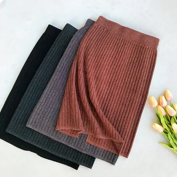 

Korean High Waist Slit pencil skirt 2020 New Style for Autumn and Winter Stripe Wild Midi-Skirt women Hip Thin Knitted Skirt