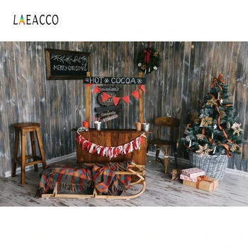 

Laeacco Christmas Backdrops Vintage Wood House Hot Cocoa Cart Christmas Tree Photography Backgrounds Family Portrait Photocall