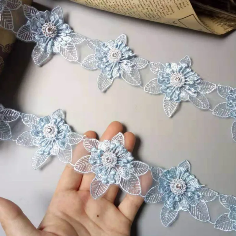 

20pcs/lot Blue Pearl Flower Organza Embroidery Fabric Lace Patch Trim Clothes 3D Beading Flower Wedding Dress DIY Applique 6.5cm