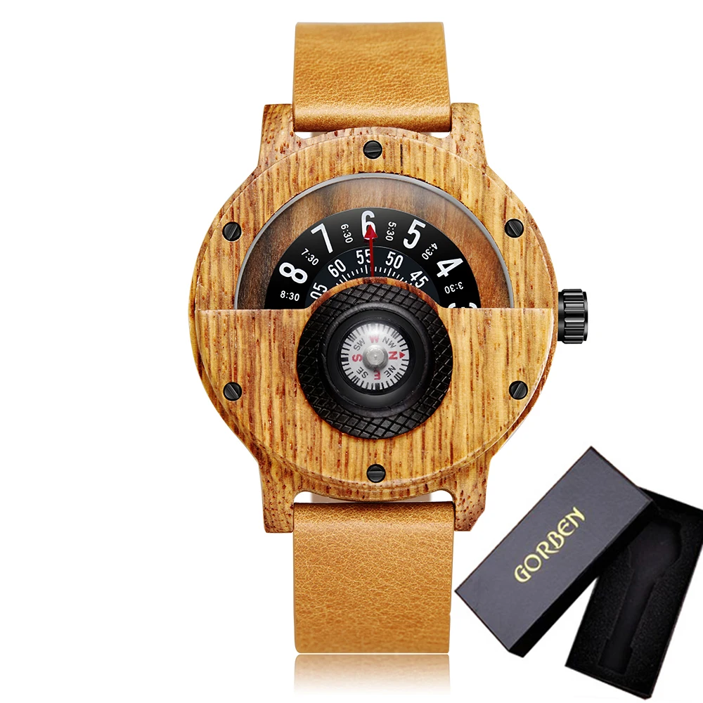 Creative Wood Watch Unique Compass Turntable Wood Watches Men's Semicircle Dial Clock Quartz Clock Retro Hour Relogio Masculino 