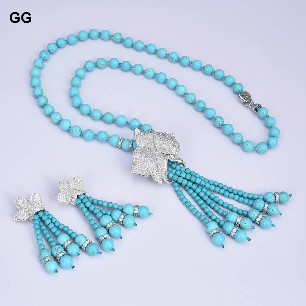 

GG 25" Blue Turquoise Stone Cubic Zirconia Pave Flower Tassel Pendant Necklace Earrings Bracelet Sets For Women