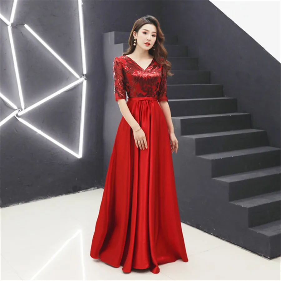 Это Yiiya вечерние платья размера плюс с блестками торжественное платье для женщин бордовое с v-образным вырезом Половина рукава молния robe de soiree E1413 - Цвет: Красный