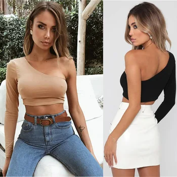 

2019 Hot Sales Black Sexy One Shoulder Backless Tshirt Casual Slash Neck Tight Short Crop Top Women Long Sleeve Female T-shirt