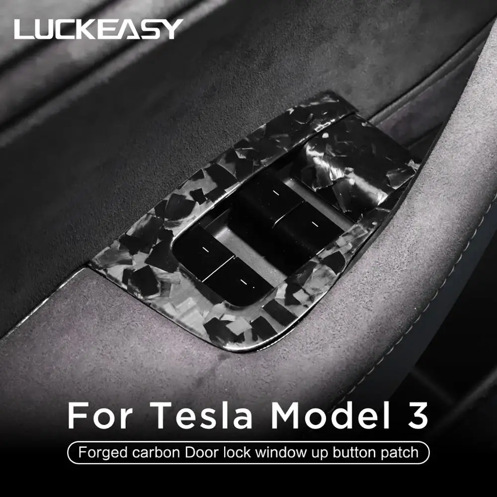 LUCKEASY Forged marble carbon fiber car door lock window button patch for Tesla Model3 interior modification accessorie