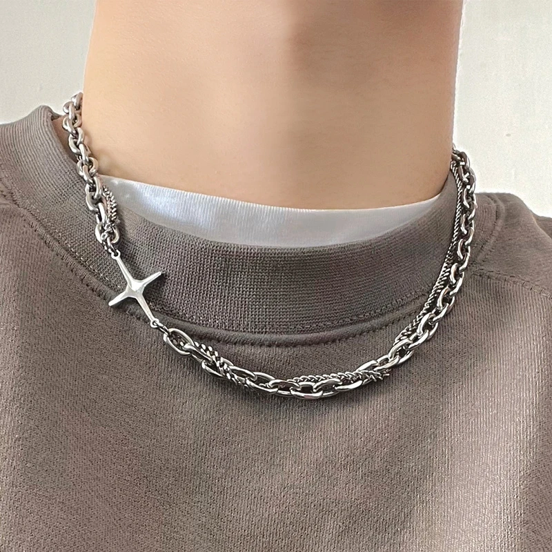 Collar cruzado de acero inoxidable Hip Hop para mujeres, hombres, Punk, de empalme de doble collares, encanto, tendencia, collar, joyería, gargantilla|Collares tipo - AliExpress