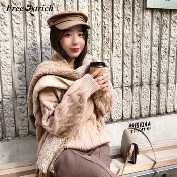 

Free Ostrich Female Solid Knitted Sweater Long Sleeve Wear Casual Loose Knitted Pullover Women Autumn Jumper N30