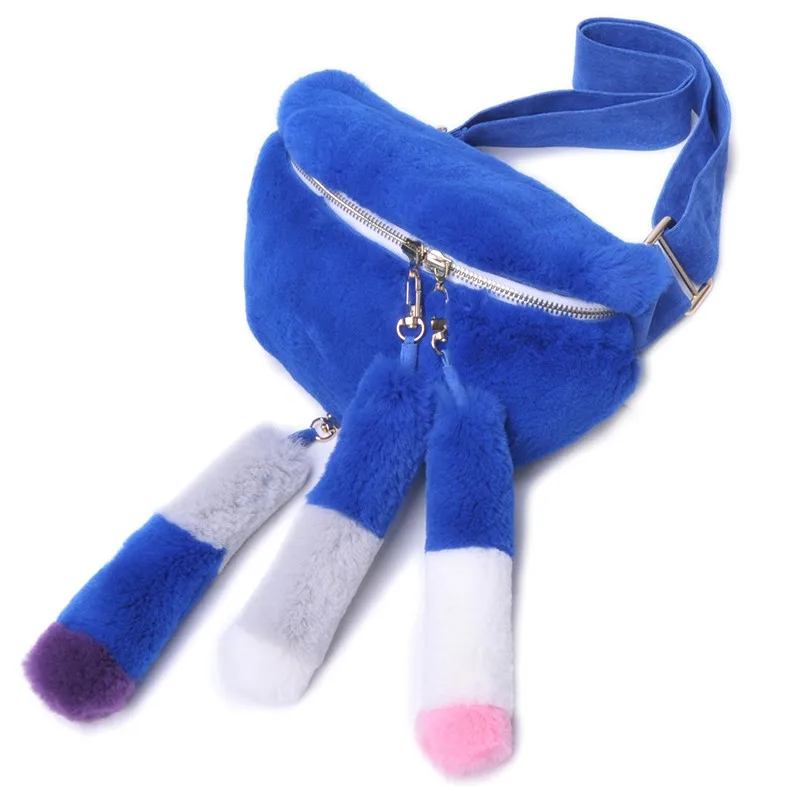 Женский Настоящий мех кролика поясная сумка пушистая теплая меховая женская прогулочная альпинистская лента для живота наивысшего качества на молнии - Цвет: blue