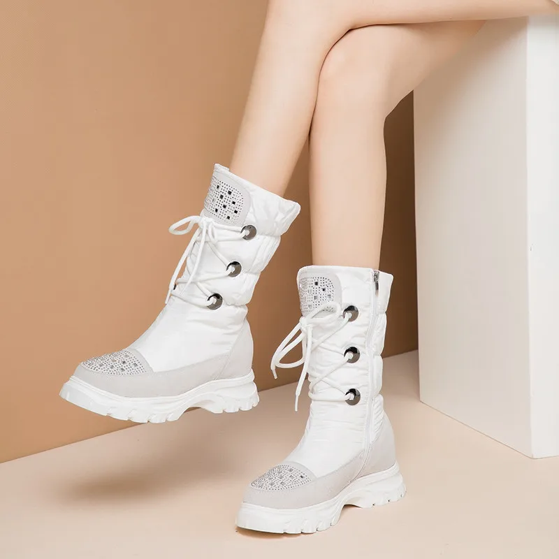FEDONAS/женские брендовые зимние ботинки из коровьей замши с кристаллами; ботинки на плоской платформе; высококачественные теплые женские ботинки до середины икры; повседневная женская обувь