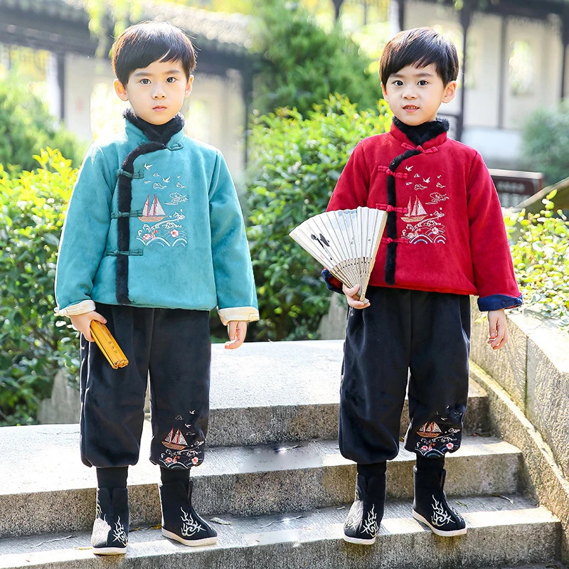 

Chinese Style Children New Year Clothing Set Kids Boys Red Blue Tang Suit Vintage Hanfu Thickened Winter Cotton Coat Fur Jackets