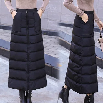 

New Style Plus Size Winter Down Cotton Skirt High Waist Zip up Long Warm Skirt Thickening Women A-line Skirts S-5XL