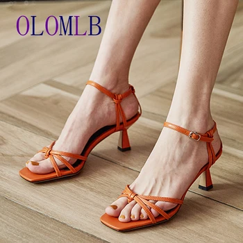 

2020 Fashion Classic PU Sandals Women Thin Belt Square High Heels square Toe Buckle Strap Party 34-40 L230
