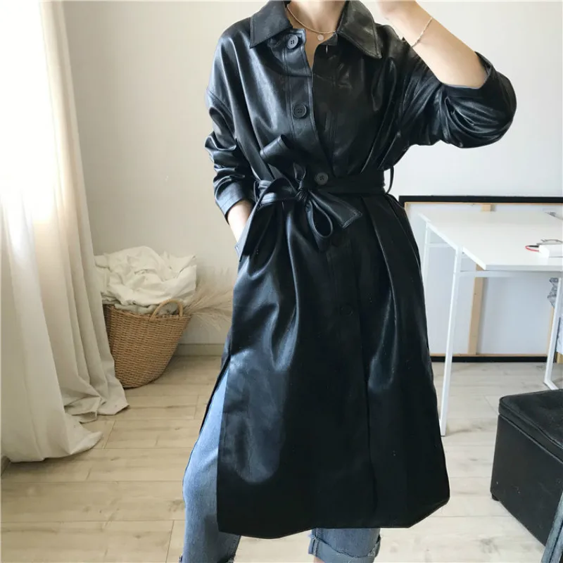 

2019 Chic Pocket Long Sleeve Pu Leather Long Clothing Loose Trench Coat Autumn Fur Clothings