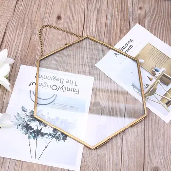 

Hexagon Floating Hanging Photo Frame Metal Glass Portrait Picture Plant Specimen Display Holder Double Sided Home Decoration