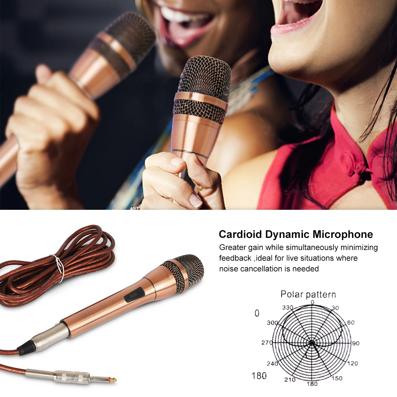 Universal Wired Uni-Directional Handheld Dynamic Microphone Noise Isolation Gold For Outdoor Karaoke Meeting Singing