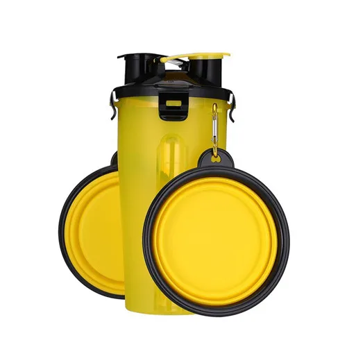 yellow with 2 bowls 2-в-1 собака бутылка для воды собачья миска для путешествий для домашних животных Еда контейнер с складные миски для собак медленная кормушка для собак, для улицы Фидер чашки - Цвет: yellow with 2 bowls