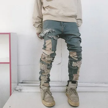

New Skinny Jeans Men Streetwear Destroyed Ripped Jeans Homme Hip Hop Broken Modis Male Pencil Biker Embroidery Patch Pants