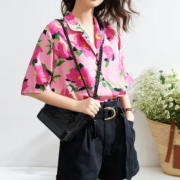 

Women Short Sleeve Flower Blouse 100% Silk Summer Notched Collar Peach Blossom Printed Pink Shirt Tops 2020 New