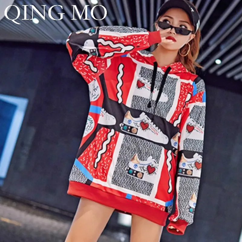 QING MO, красная Лоскутная Толстовка с узором, весна, Женская толстовка с длинным рукавом и капюшоном, плюс размер, свободный свитер tzqy1178