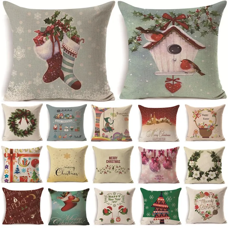 1Pcs 43*43cm Christmas Gifts Flower Pattern Cotton Linen Throw Pillow Cushion Cover Car Home Sofa Decorative Pillowcase
