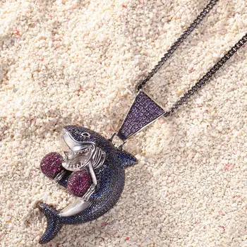 

Europe New Hip Hop Micro Inlaid Zircon Alumina Boxing Funny Shark Pendant Necklace Men Charm Fun Wild Necklace Jewelry Gift