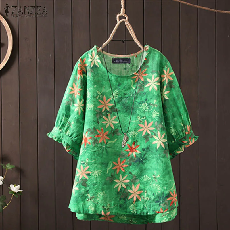 ZANZEA 2019 Women Blouse Autumn Summer Shirt Half Sleeve O Neck Floral Printed Tops Leopared Tunic Blusas Plus Size Chemise Tee