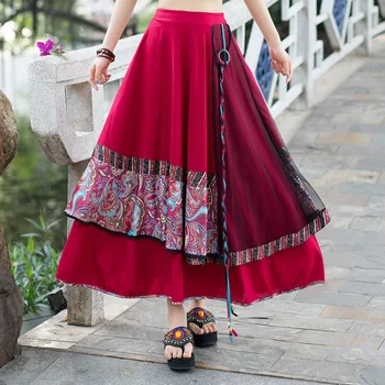 

Women Elastic Waist Pleated Ethnic Maxi Skirt Female Spring Summer Boho Long Blue Red Patchwork Embroidery Irregular Long Skirts