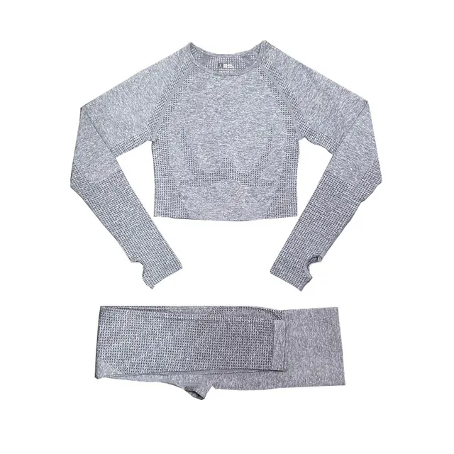2/3/5PCS Women Sportswear Yoga Set Gym Clothing Tracksuit Long Sleeve Crop Top High Waist Seamless Leggings Fitness Sports Suits 2pcs light gray