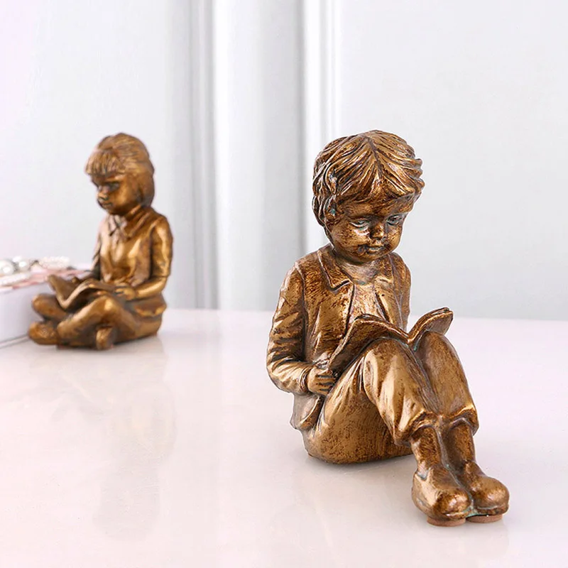 Antique Reading Child Bookends Home Decoration Accessories Office Study Room Display Book Stand Resin Ornaments Desktop Decors