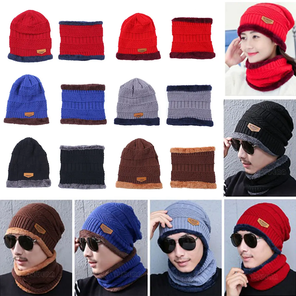 Cap Winter Sports Outdoor Neck Scarf Fashion 2Pcs/Set Women Men Acrylic Fiber Hat Knit