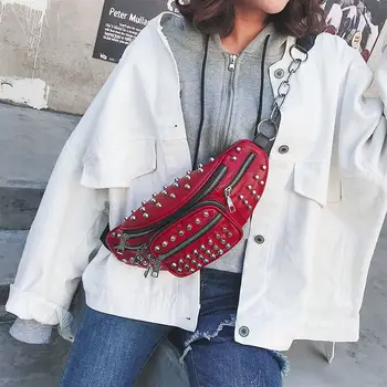 

2021 new fashion PU soft leather rivet chest bag trendy personality lady messenger bag punk locomotive versatile waist bag A11