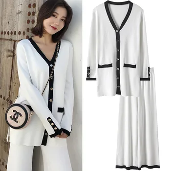 

New edition dress color matching condole belt vest wide legged paragraph cardigan three piece suit