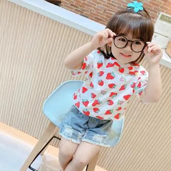 

Kids Clothes 2020 Summer Design Cute Girls Strawberry Printed T shirt + Denim Pants Sets Children Outfits Girl Denim Suit