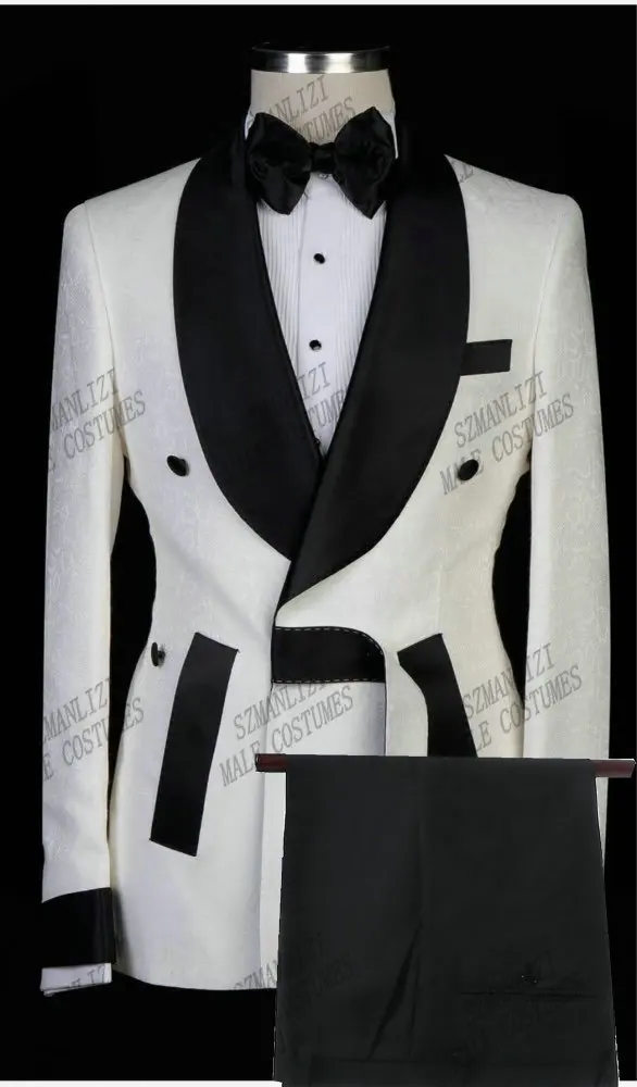 Fashion Design Black Floral Mens Wedding Suit Double Breasted Slim Fit Prom Groom Tuxedo Bridegroom Best Man Blazer Pants
