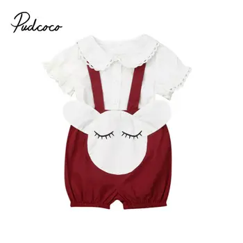 

2pcs Newborn Baby Girl Clothes short sleeve Blouse White Lace Tops +Cartoon Overalls suit Pants Outfits clothes set 0-24m