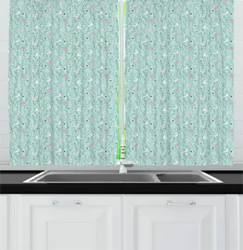 

Seafoam Multicolor Animal Art Kitchen Curtains Colored Birds Singing on Branches Spring Blooming Flowers Ladybugs Window Drapes