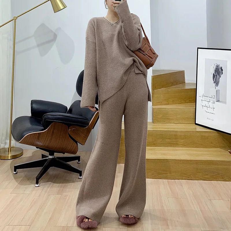 Women's new fashion suit solid color V-neck sweater with high waist knit wide leg pants two piece set top and pants