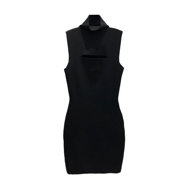 

Ladies Bodycone Black Knitted Sweater Dresses 2020 Autumn Fashion Designer Style Front Holes Cut Out Women Clothes
