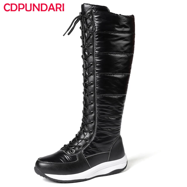 Genuine Leather Patchwork Waterproof Cloth Flat Platform Snow Boots Women Winter Calf Boots Shoes Botas De Invierno Para Mujer 1