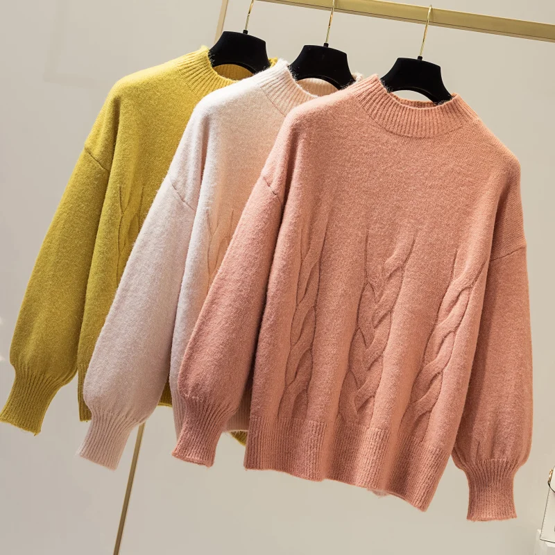 

2019 Autumn Winter Cashmere Sweater Women's O-Necked Long Sleeve Loose Thick Sweater Knitted Twist Soft Pullover Jumper Top