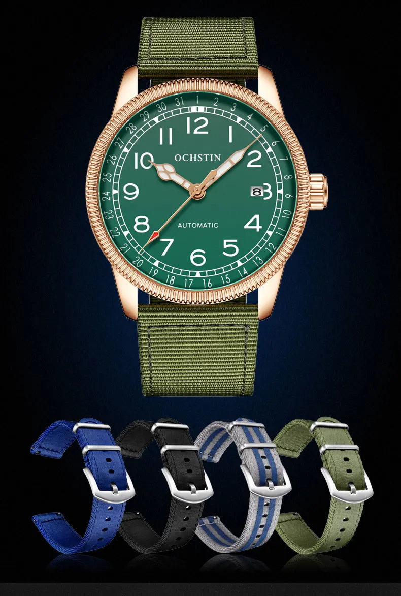 OCHSTIN Mens Watches 2022 Mechanical Automatic Top Brand Luxury Leather/Nylon Pilot Luminous Retro Wristwatch Relogio Masculino automatic mechanical watch