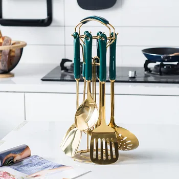 

Nordic Light Luxury 7PCS Kitchenware Set Emerald SS Cooking Spoon Spatula Creative Ceramic Handle Kitchen Utensils