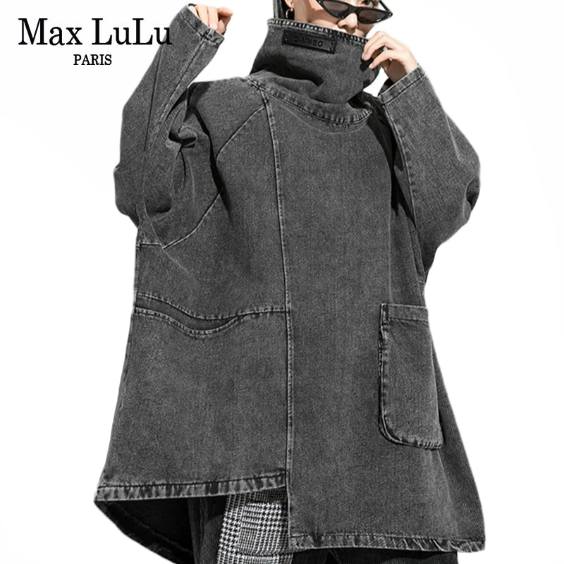 Max LuLu Роскошная Корейская женская одежда в стиле панк Женская водолазка джинсовые худи Повседневная Уличная одежда зимние длинные свитера большого размера