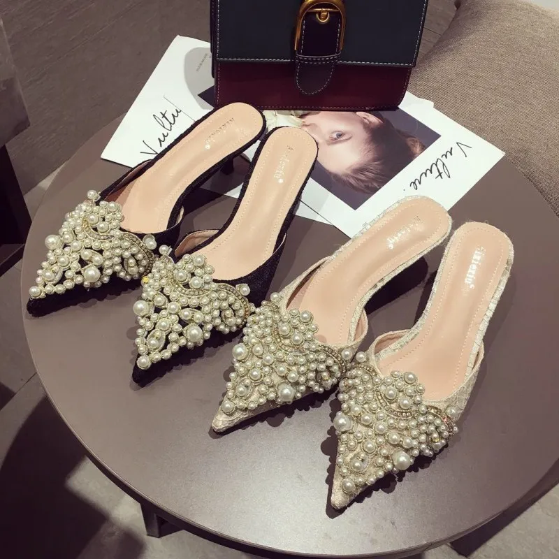 

Women's Slippers 2019 Thin Heels Slides Heeled Mules Lace Jelly Flip Flops String Bead Low Cover Toe Med New Sliders High
