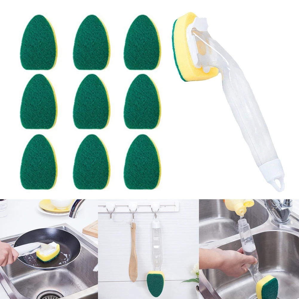 Soap Dispensing Dish Cleaning Brush Set With 1 Dish Washing Handle 9