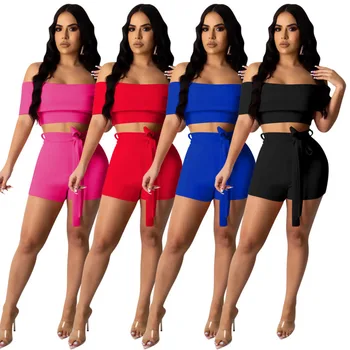 

Sexy Two Piece Set Summer Clothes For Women Off Shoulder Crop Top And Shorts Suits 2 Piece Night Club Outfits Matching Sets