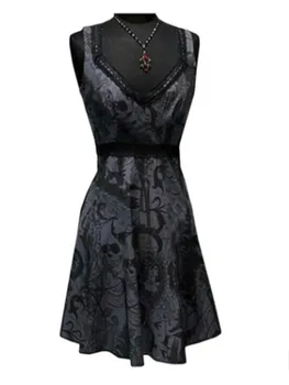 

Rosetic Women Summer Party Dress Skull Print Gothic Sleeveless Female Sexy V Neck Black A Line Retro Preppy Style Mini Dresses