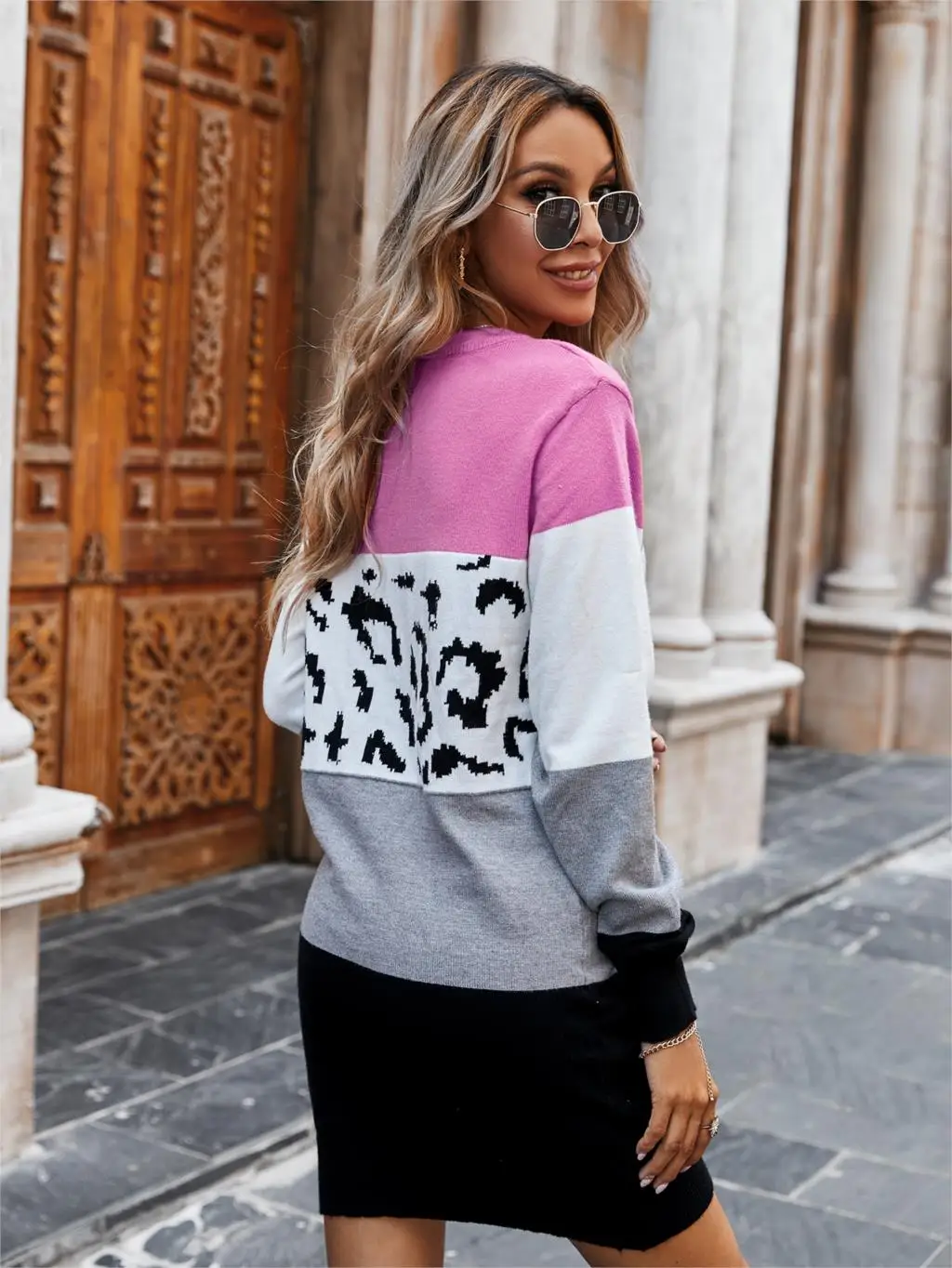 Chifirena Vintage Leopard Patchwork Sweater Dress Women O Neck Long Sleeve Winter Casual Robe Female Elegant Minie Vestidos