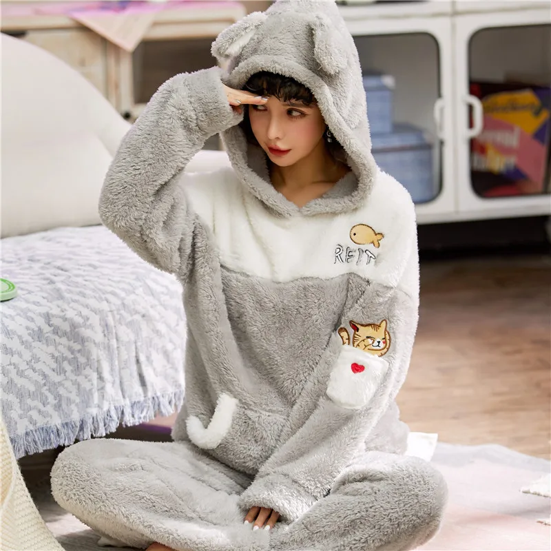 

807 # Mixed Colors Lettered Animal HS Pullover Long Sleeve Long Velvet Hooded And rong shui yi Home Wear Two-Piece Set