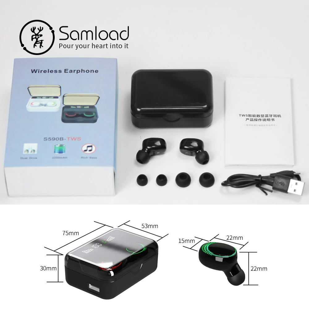 Samload, настоящие беспроводные стерео наушники, Bluetooth наушники, вкладыши, наушники с 2200 мАч, чехол для зарядки и светодиодным дисплеем